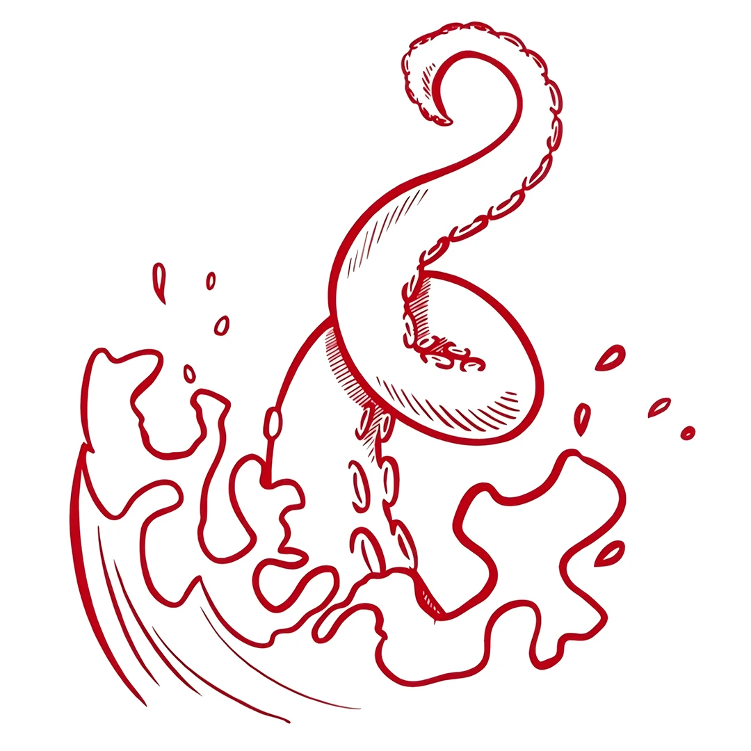 Red outline illustration of an octopus tentacle emerging from water, perfect for immersive dining experiences featuring seafood | B&Co