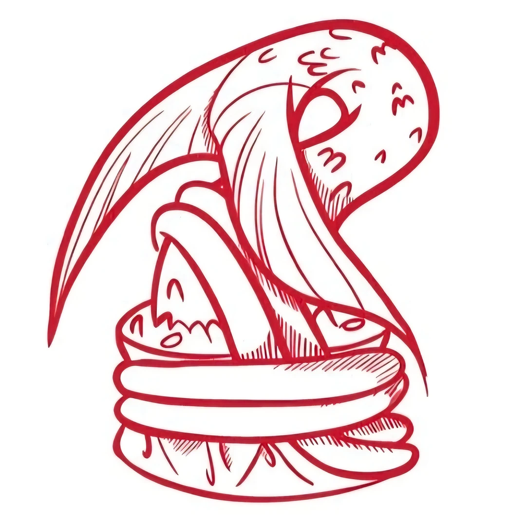 Red outline illustration of a stylized fish, representing Nyotaimori and Shibari as a rare culinary experience and sensory dining journey | B&Co