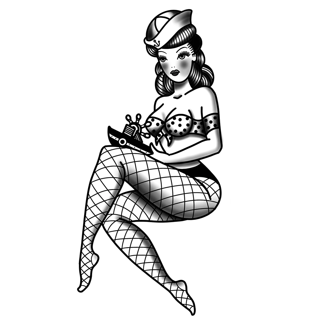 Black and white retro sailor pin-up girl holding a ship's wheel, symbolizing bespoke event dining and a world traveled chef | B&Co